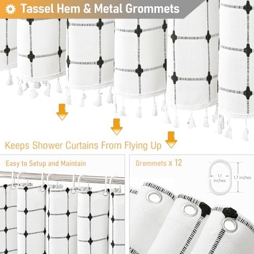 BTTN Extra Long Boho Farmhouse Linen Shower Curtain, 72x96, White and Black