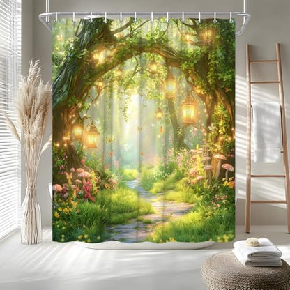 Fantasy Forest Path Shower Curtain Fairy Magical Enchanted Misty Jungle Mushroom Floral Tree Butterfly Lantern Spring Wonderland Bath Curtain Fabric Bathroom Accessories Decor with Hooks 75W x70L