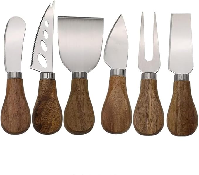 Premium Stainless Steel Cheese Tool Set - Acacia Cheese Knife Set - Cut, Spread All Your Favorite Cheeses (6 Acacia Cheese Set)