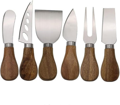 Premium Stainless Steel Cheese Tool Set - Acacia Cheese Knife Set - Cut, Spread All Your Favorite Cheeses (6 Acacia Cheese Set)