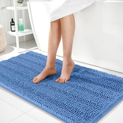OLANLY Bathroom Runner Rugs 44x24, Soft Chenille Bath Rugs, Cornflower Blue
