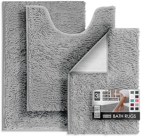 Hearth & Harbor Bathroom Rugs, Chenille Bath Mat - Machine Washable Bath Mats for Bathroom Non-Slip Backing Rubber, Quick Dry Mat - Silver Bath Rug, 17x24-20x32-20x24