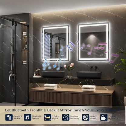 Keonjinn 30 x 36 Inch LED Bathroom Mirror with Lights, Frontlit & Backlit