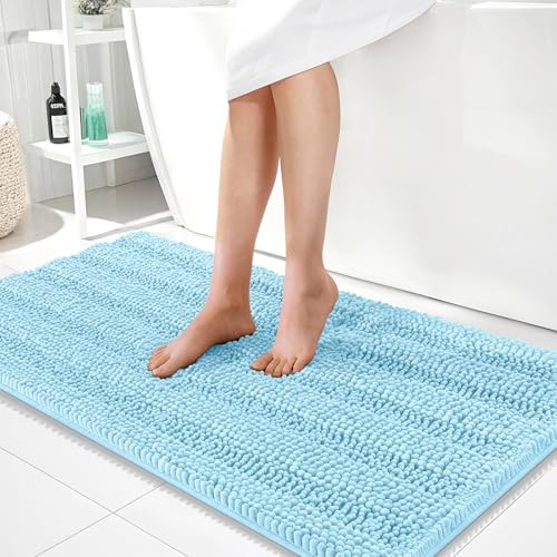 OLANLY Thick Bathroom Runner Rugs 44x24, Soft Chenille Bath Rugs, Sky Blue