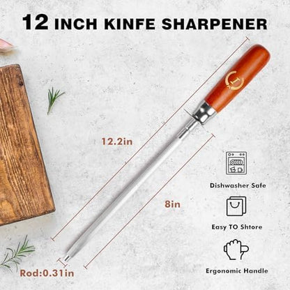 Knife Sharpener Rod, Kitchen Knives Sharpener Carbon Steel Professional Knife Sharpening Steel, Honing Rod with Hanging Holes (13 inches), I