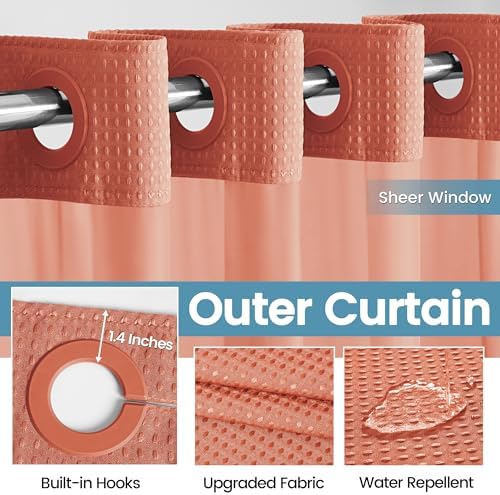 EUTXL Heavyweight Waffle No Hook Shower Curtain with Liner, 71x74, Coral
