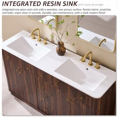 T4TREAM 60" Fluted Bathroom Vanity with Double Sink, Dark Walnut