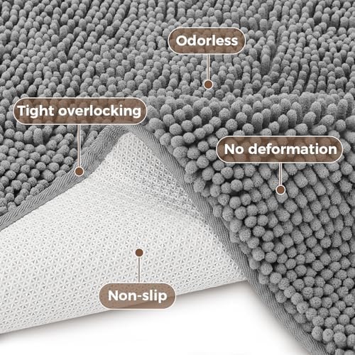 Bcoimo Bath Rug Mat,60x24 Chenille Non Slip Grey Long Bathroom Runner Rugs