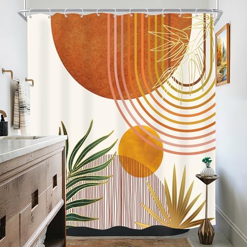 Mid Century Orange Boho Abstract Modern S Bathroom Shower Curtain Set