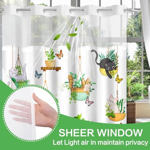 No Hook Shower Curtain Snap in Liner with 2 Replaceable Curtain Panels Pattern Waterproof Fabric Washable Shower Curtain Set for Bathroom Bathtub, Hotel Style with See Through Mesh Top Window 71 x 74"