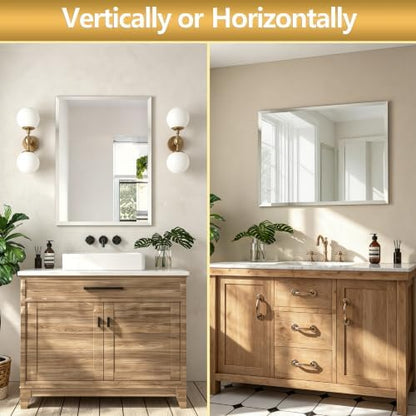 30 x 36 Inch Frameless Wall Mirror Tempered Glass Rectangle Bathroom Vanity Mirror Polished Edge Dual Hanging Style Silver Home Deco