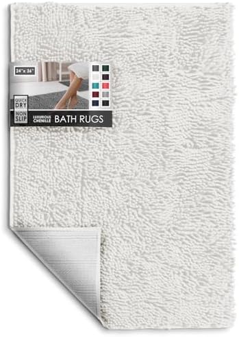 Hearth & Harbor Bathroom Rugs, Chenille Bath Mat - Machine Washable Bath Mats for Bathroom Non-Slip Backing Rubber, Quick Dry Bathroom Mat - White 24x36