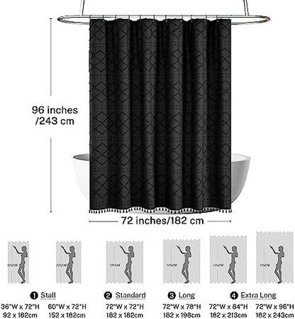 Extra Long Boho Black Shower Curtain with Tassels, 72 x 96, Tufted Chevron Striped Chenille Woven Fabric Cloth Shower Curtain Modern Farmhouse Minimalist, Shabby Chic Textured for Bathroom
