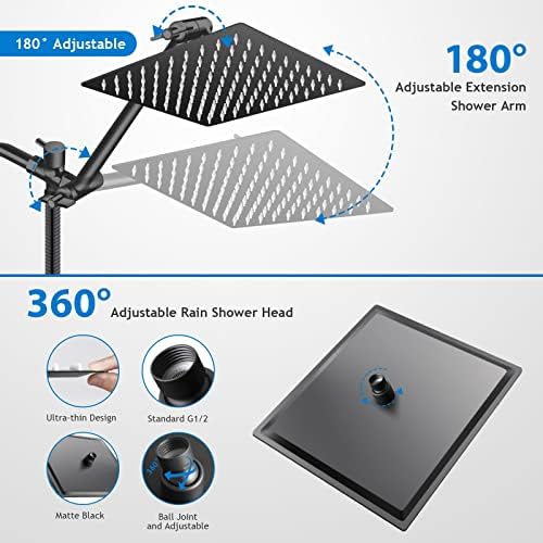 12” Black High/Low Pressure Water Rain Shower Head with 11” Extension Arm