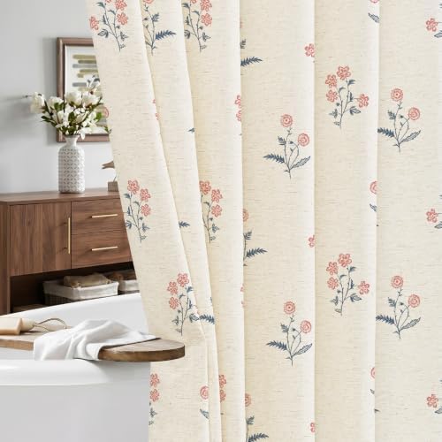 ORTIGIA Linen Shower Curtain Farmhouse Vintage Pink Blue Floral Shower Curtains Navy Boho Rustic Block Print Cottagecore Decor for Bathroom 72 W x 72 L