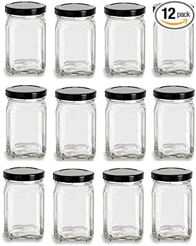 Nakpunar Victorian Square Glass Jars with Plastisol Lined Lids (Black, 3.75 fl oz)