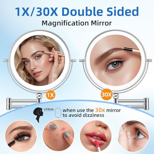 9"Wall Mounted Makeup Mirror with Lights,5000mAh Rechargeable 1X/30X