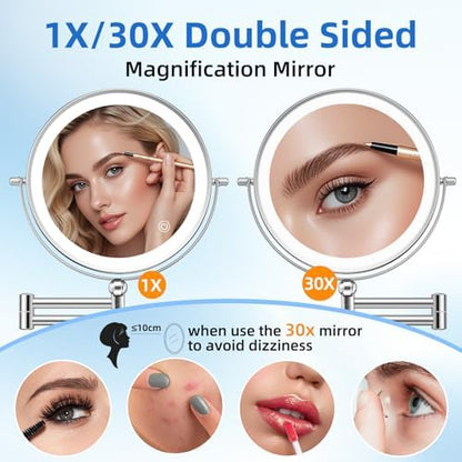 9"Wall Mounted Makeup Mirror with Lights,5000mAh Rechargeable 1X/30X