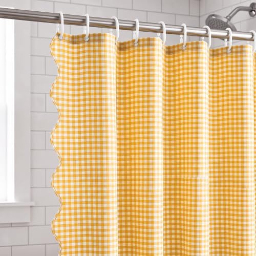 HunnmingRe Scalloped Gingham Shower Curtain Yellow