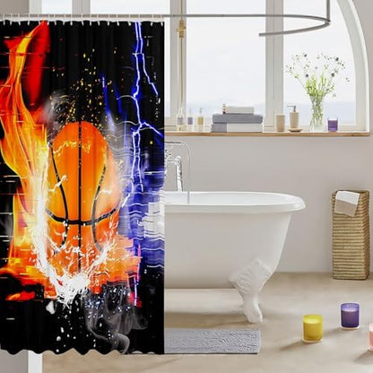 jejeloiu Basketball Bath Curtain Boys Girls 72"x78" Ice Fire Shower Curtain for Kids Women Men Waterproof Gaming Sports Bathroom Shower Curtain Set Gift for Basketball Lover