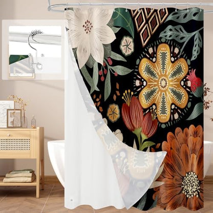 3 in 1 Boho Floral Shower Curtain Set with PEVA Liner & 12 Hooks, 72 x 78