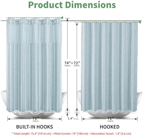 eachope Boho Farmhouse No Hook Shower Curtain with Liner,71x74,Fog Blue