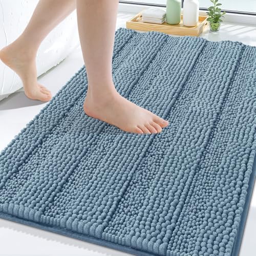 Grandaily Chenille Striped Bathroom Rugs 59x35, Extra Thick and Soft Absorbent Bath Mats, Rubber Backing, Plush Shaggy Shower Carpet, Machine Wash Dry, Bath Rug for Bathroom, Airy Blue