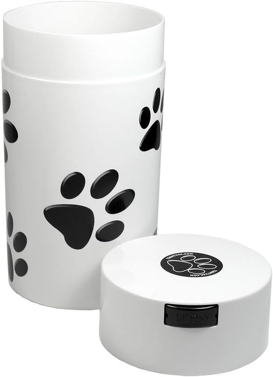 Pawvac 3 to 12 Ounces Container, Airtight Pet Food and Treats Storage Jar - Patented Vacuum Seal Container for Pet Food, Treats and other Dry Goods - White with Paws