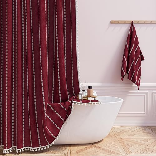 BTTN 60x72 Boho Farmhouse Linen Heavy Duty Shower Curtain Set, Burgundy