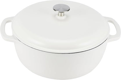 Amazon Basics Enameled Cast Iron Dutch Oven Pot with Lid, Round, Dual Handles, Heavy-Duty, Oven Safe for Stews, Roasting, Baking, 7.3-Quart, Matte White