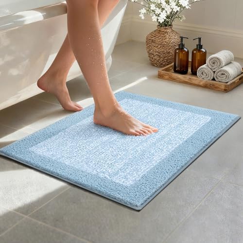Bathroom Rugs 24x17 Non Slip Washable, Soft Absorbent Bath Mat Light Blue
