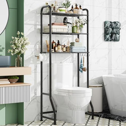 Simple Trending Over The Toilet Storage Rack, Metal 3 Tier Bathroom Organizer Shelf with Paper Holder and 3 Hooks, Freestanding Shelf Space Saver Above Toilet,Black