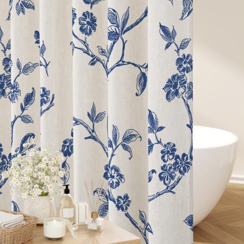 MitoVilla Navy Blue Linen Floral Shower Curtain for Bathroom, 72 x 72