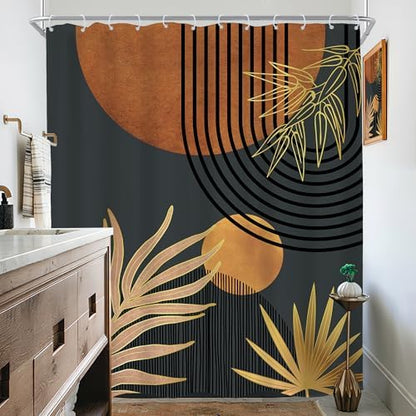 Mid Century Brown Black Boho Abstract Modern Bathroom Shower Curtain Set