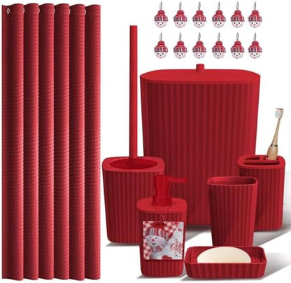 Clara Clark Bathroom Accessories Set - Christmas Shower Curtain Set, Xmas Bathroom Set, Christmas Bathroom Decor, Bathroom Accessory Set, Toilet Brush, Trash Can & Soap Dispenser - 19PC Set