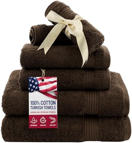 American Veteran Towel, 6 Piece Towel Set for Bathroom, 100% Cotton Turkish Bathroom Towels, 2 Bath Towels 2 Hand Towels 2 Washcloths, Brown