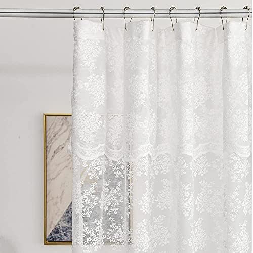 White Lace Shower Curtain 72x72, Vintage with Attached Valance, 1 Panel