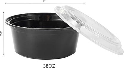 FULING 38 oz 50 ct Round Meal Prep Containers with Lids Plastic Food Storage To Go Lunch Plan Box Disposable Take Out Bowls Black BPA Free Reusable Durable Stackable Microwave Freezer Dishwasher Safe