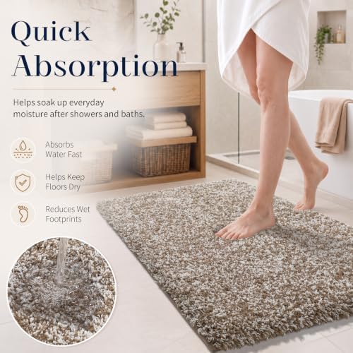 Yimobra Bathroom Rugs Non Slip Washable, Ultra Soft and Water Absorbent Bath Mats, Plush Fluffy Shower Mat Outside, Microfiber Thick Matts for Bathroom Floor/Sink, 24X17, Light Brown and White