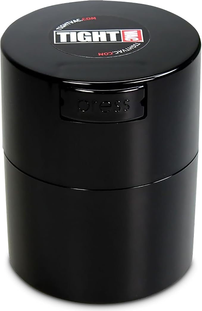Tightvac 1/2 to 3 Ounces Airtight Herb Storage Container - Patented Vacuum Seal, Storage for Herbs, Coffee, Tea, Spices, Dry Goods - Small Odor Resistant Container, Black