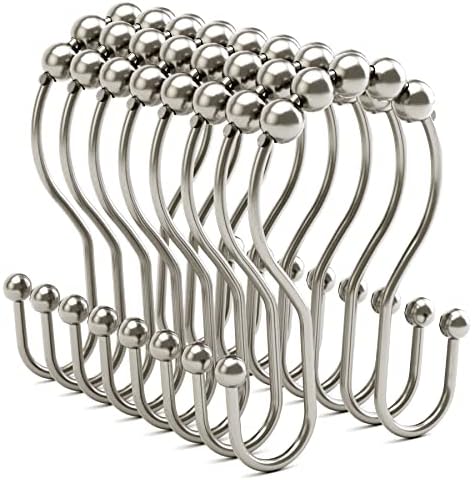 Shower Curtain Hooks Brushed Nickel Shower Curtain Rings Rust Proof, Bathway Balanced Smooth Glide Double Shower Curtain Hooks, Sturdy Shower Hooks for Shower Curtain 12 Pcs Shower Rod Hooks