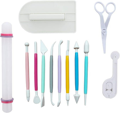 ScivoKaval Marshmallow Fondant Cake Decorating Hand Tool 12 Pcs 5 Sets Sugarcraft Gumpaste Icing Smoother Rolling Pin Trimmer Cutter Embosser Flower Scissor Modelling Accessories Supplies Kit Multi