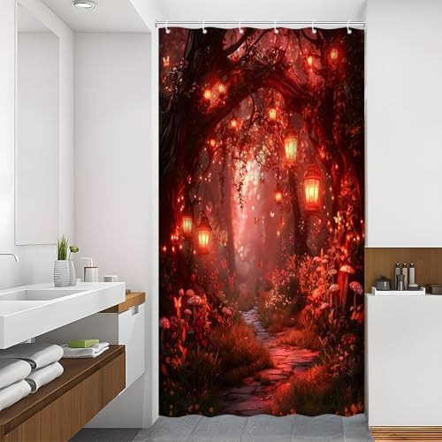 Fantasy Forest Path Shower Curtain Red Fairy Magical Enchanted Misty Jungle Mushroom Floral Tree Butterfly Lantern Wonderland Bath Curtain Fabric Bathroom Accessories Decor with Hooks 35W x70L
