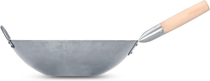 Craft Wok Flat Hand Hammered Carbon Steel Pow Wok with Wooden and Steel Helper Handle (14 Inch, Flat Bottom) / 731W316