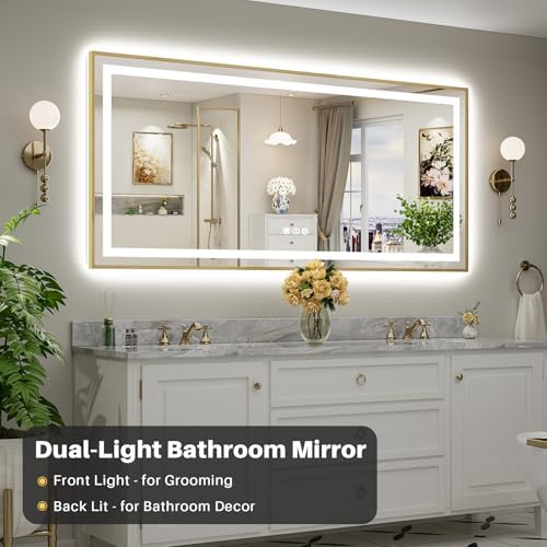 77x36 Inch LED Bathroom Mirror with Gold Frame, Backlit & Front Lit