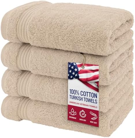 American Veteran Towel, Hand Towels for Bathroom Set of 4, 100% Cotton Turkish Hand Towel Sets, Soft Hand Face Towels, Beige Hand Towels