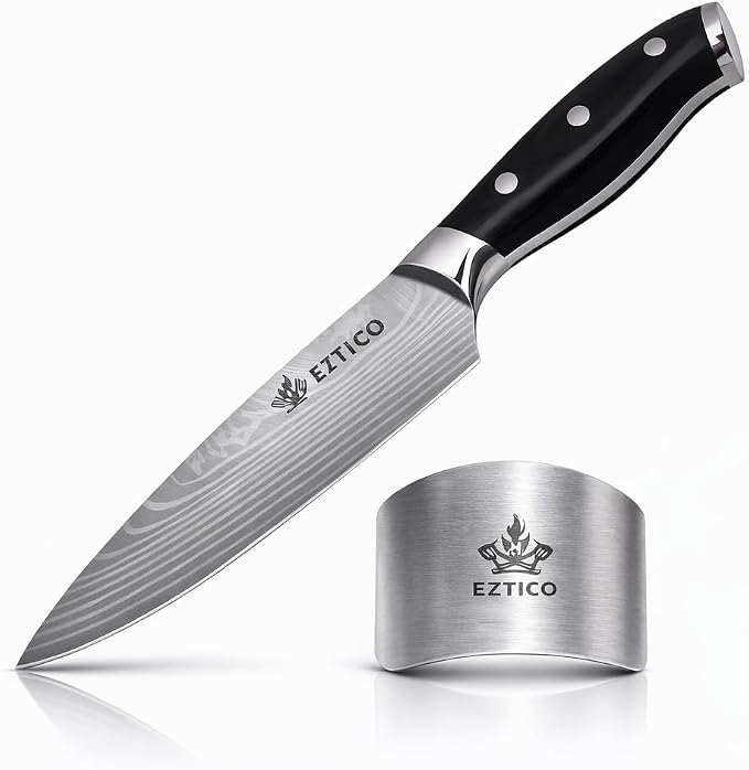 8 inch Professional Chef Cooking Knife with Finger Guard - Super Sharp Kitchen Knife for Precision Cutting - Ideal Kitchen Gadget for Chefs with Ergonomic Handle.