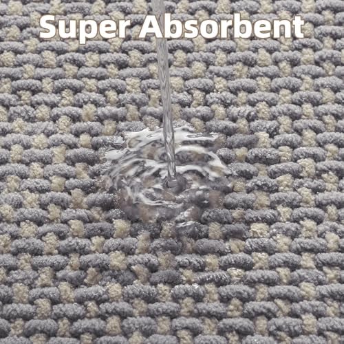 PADOOR-Bath Mat-Super Absorbent Chenille Bathroom Mats-Rubber Backed Bath Mats for Bathroom Non Slip, Easy Clean Bathroom Rugs Front of Bathtub,Shower Room,Sink-17×28, Grey&Beige