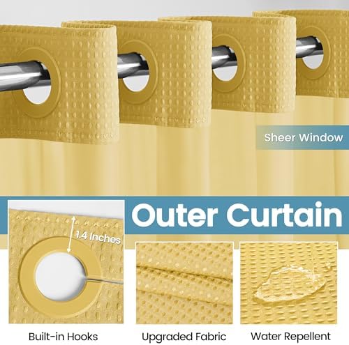 EUTXL Heavyweight Waffle No Hook Shower Curtain with Liner, 71x74, Yellow