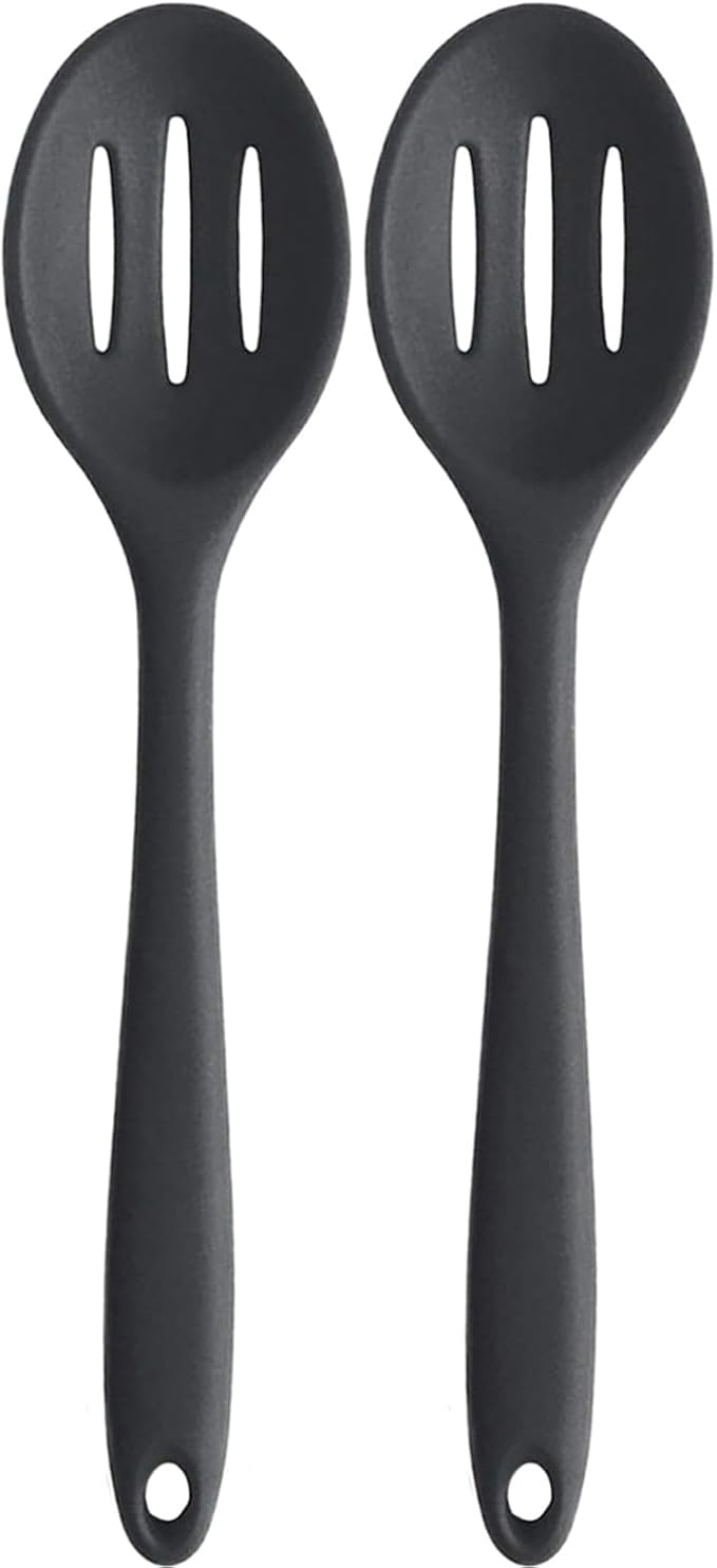Linwnil 4 Pieces Silicone Slotted Spoons,10.6 Inch Nonstick Mixing Serving Spoons for Kitchen Cooking Bake Stir Draining Tool (2, Black)